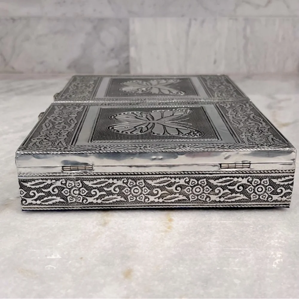 Handcrafted Aluminum Oxidized Butterfly Jewelry Box with Royal Blue Inte…